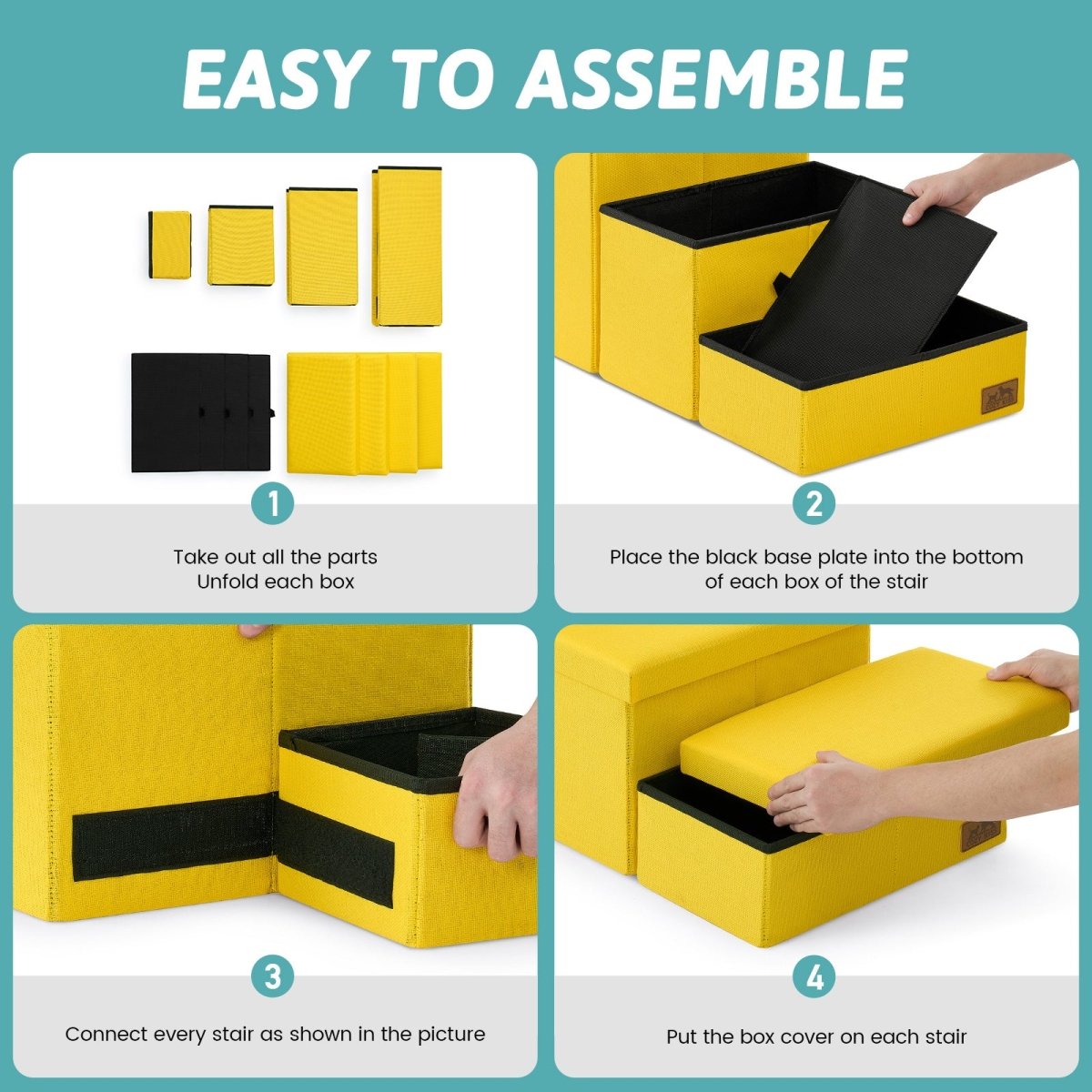 Easy to assemble Cozy Bliss storage pet stairs with simple 4-step unfolding and connecting process. #color_Yellow