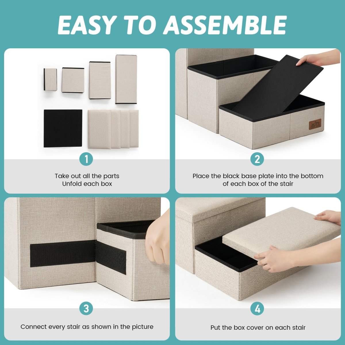 Easy to assemble Cozy Bliss storage pet stairs with simple 4-step unfolding and connecting process. #color_Beige