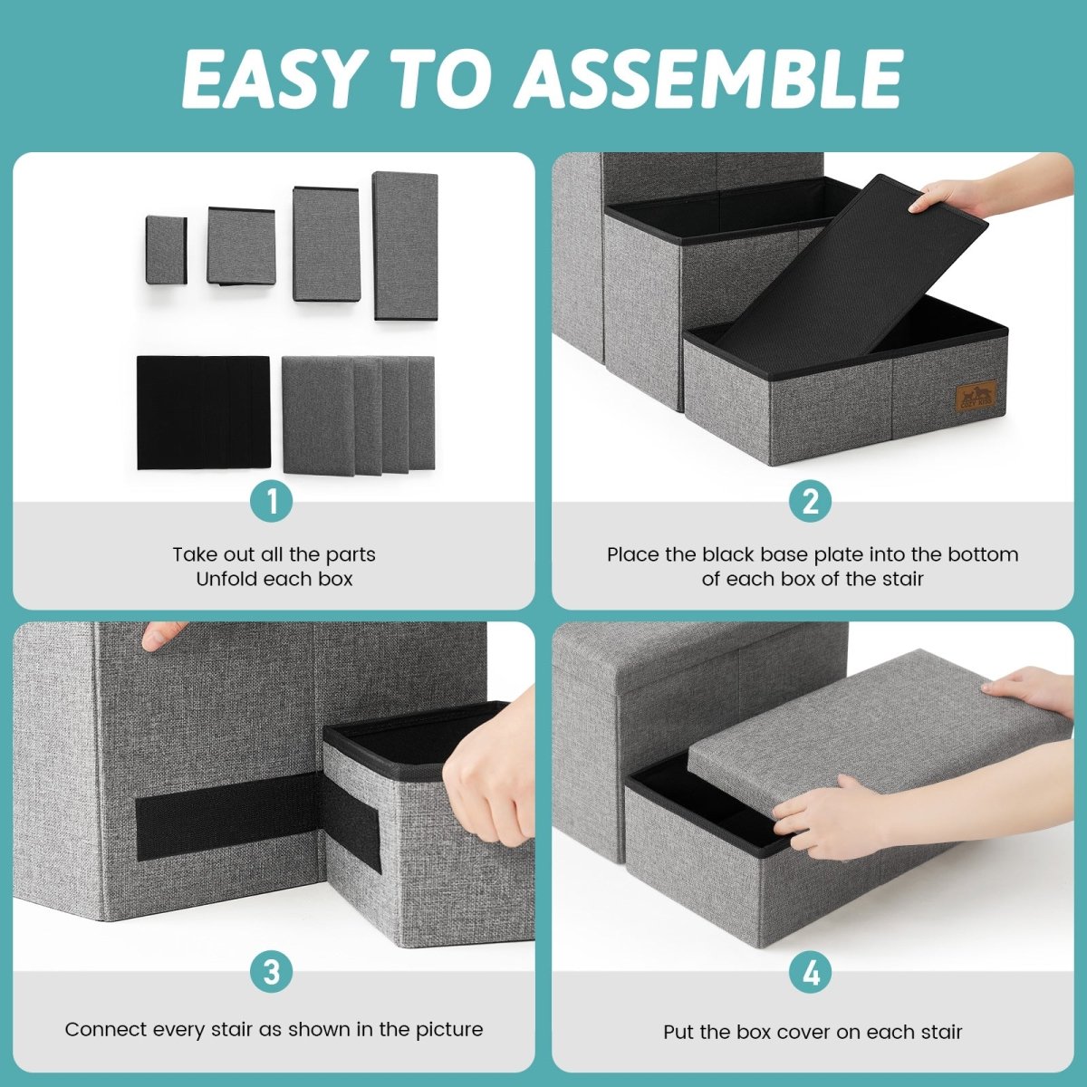 Easy to assemble Cozy Bliss storage pet stairs with simple 4-step unfolding and connecting process. #color_Grey