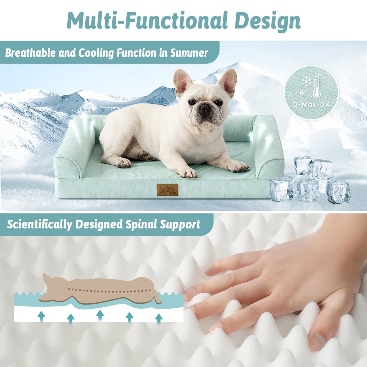 Dog lying on a cooling pad with mountain background, highlighting its breathable and cooling function.#color_Light Mint Green