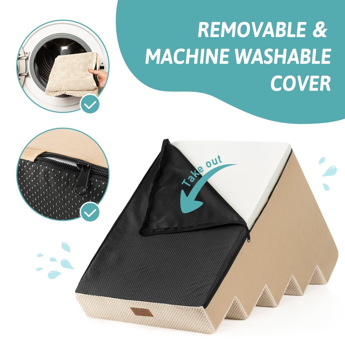 Removable and machine washable cover of Cozy Bliss foam pet stairs with a smooth zipper for easy cleaning. #color_Beige