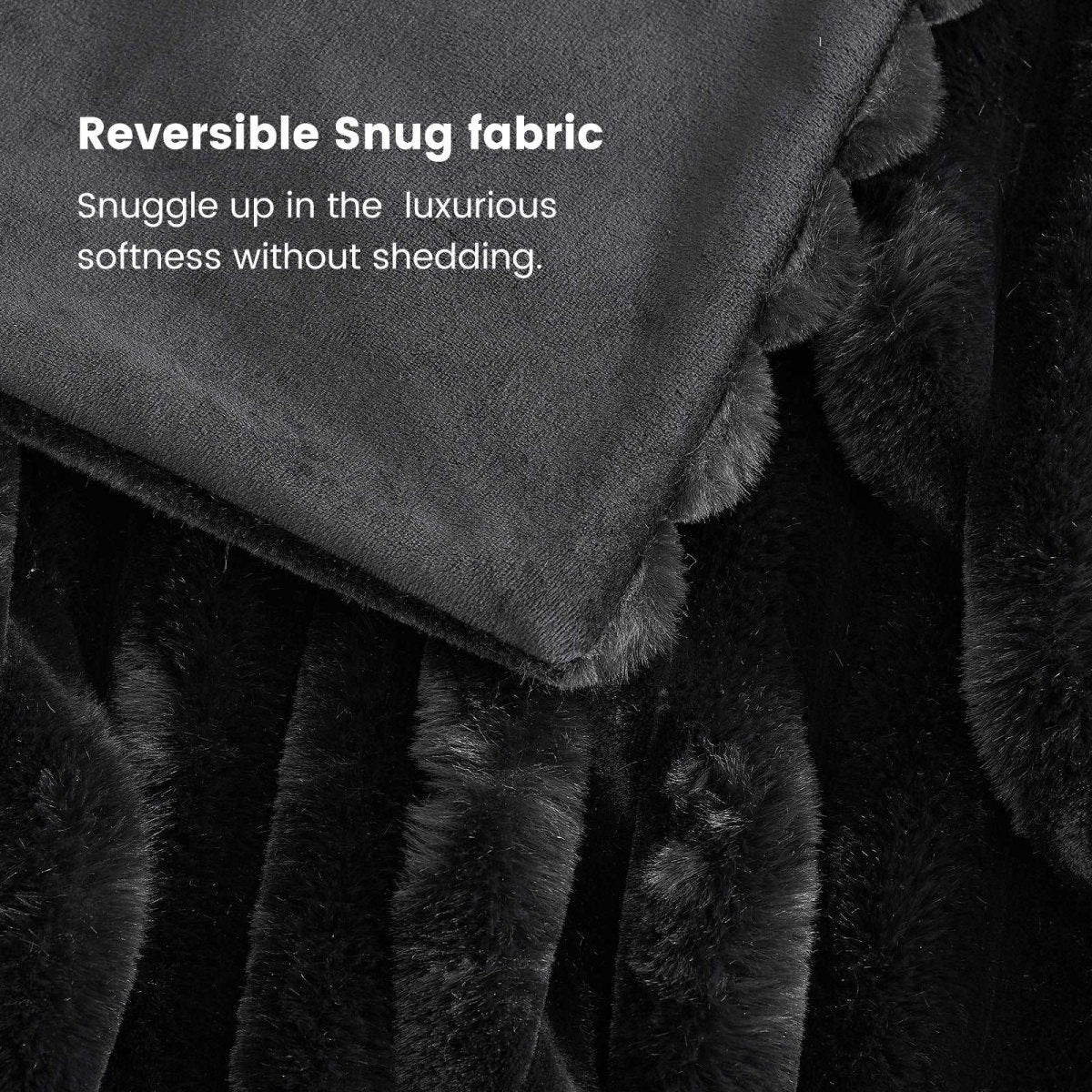 Close-up of the material of Cozy Bliss reversible faux fur blanket, luxurious and soft  #color_Black
