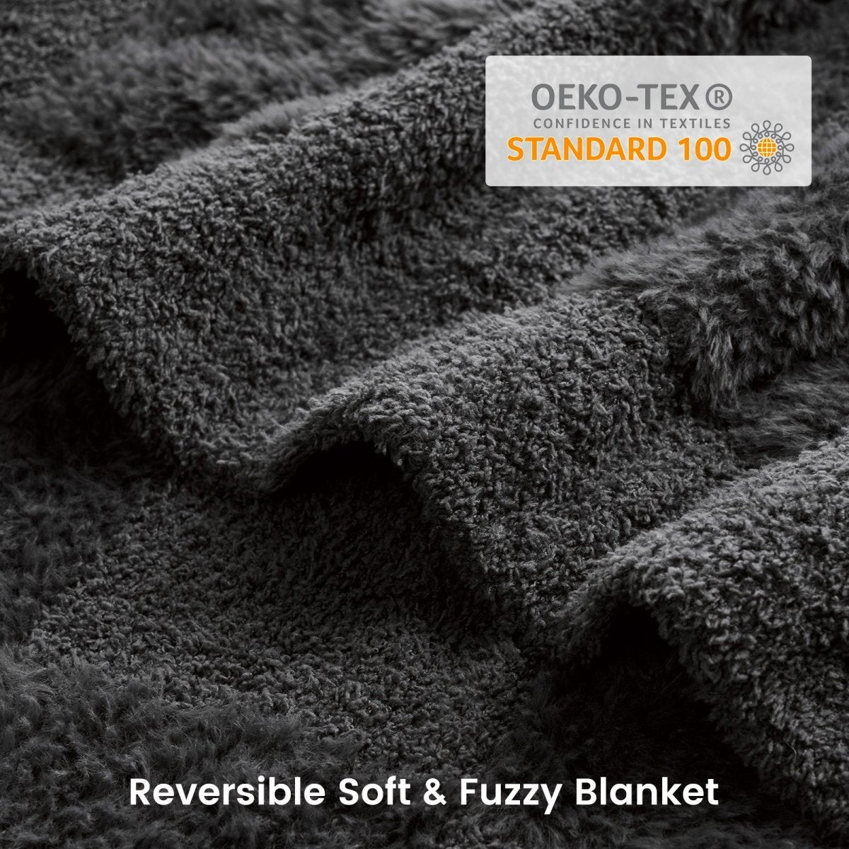 Close-up of Checkered Faux Fur Feather Yarn Throw Blanket in Dark Grey showcasing plush texture and OEKO-TEX STANDARD 100 certification. #color_Dark Grey