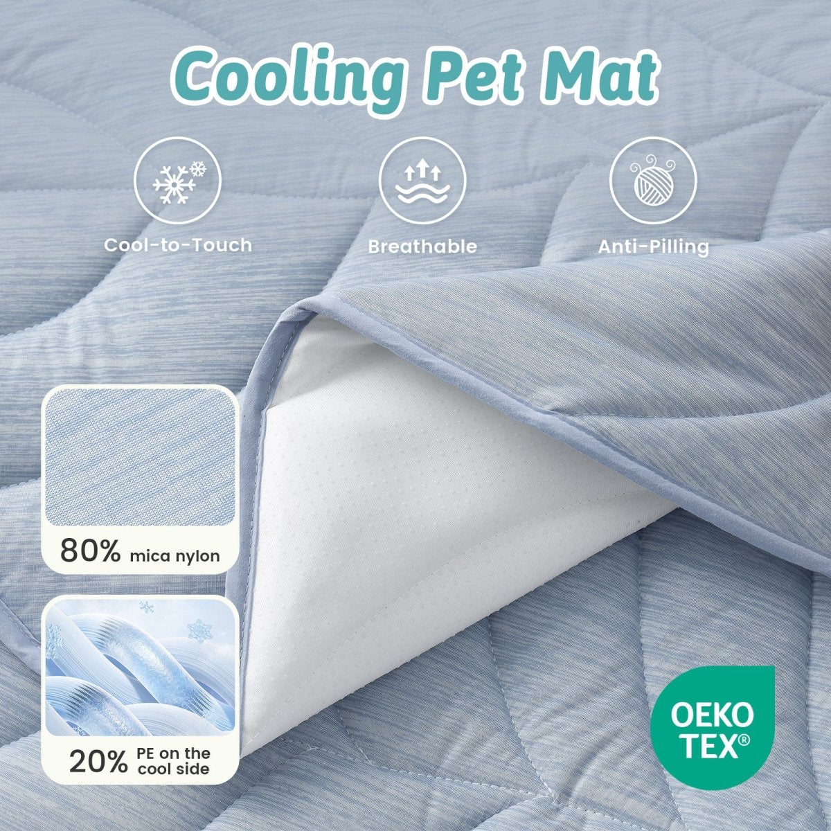 Cooling pet mat with features like cool-to-touch, breathable, and anti-pilling, and Oeko-Tex certification. #color_Cool Blue