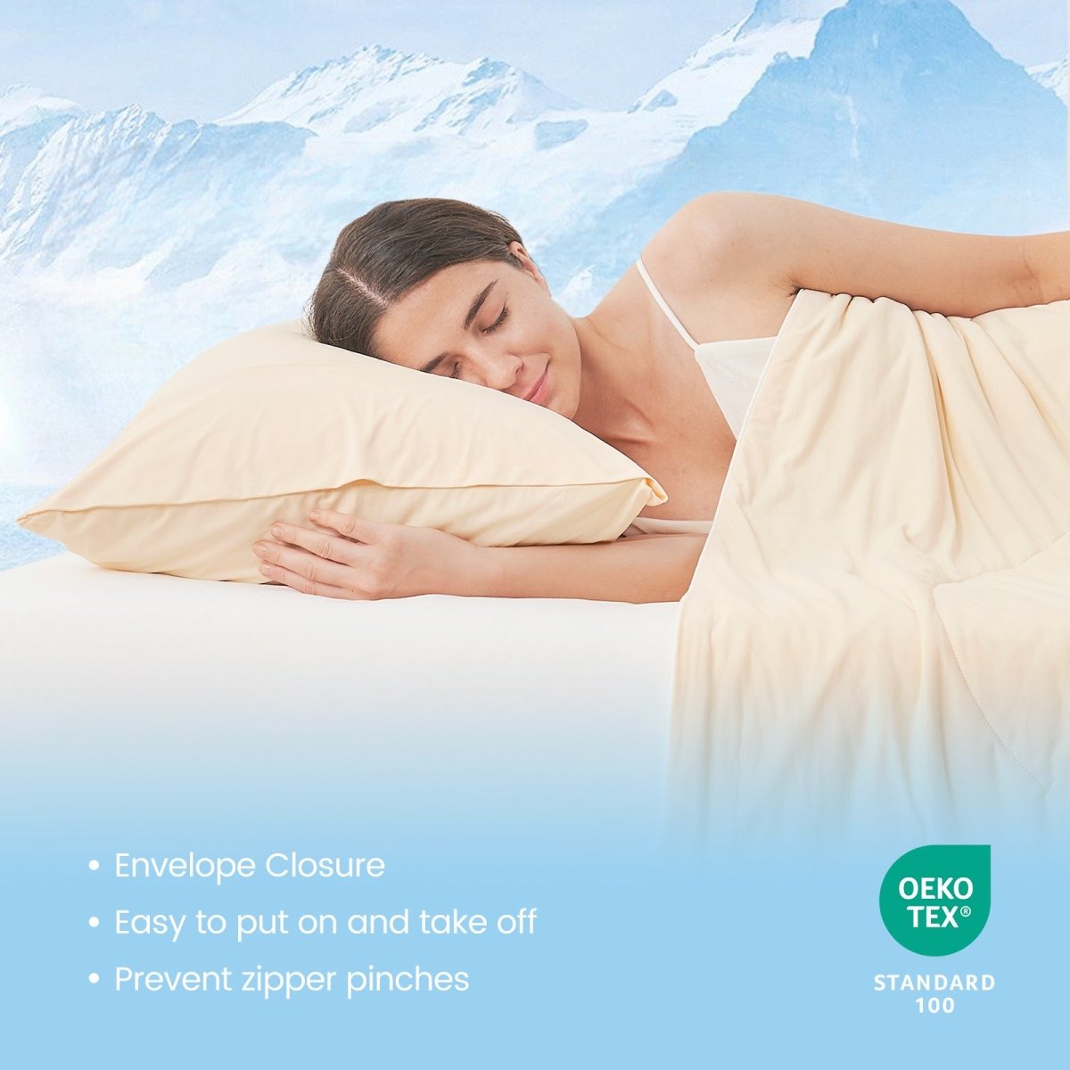 Woman sleeping on a cooling pillow, comfortable sleep, featuring envelope closure, easy to put on and take off, and prevent zipper pinches. #color_Yellow