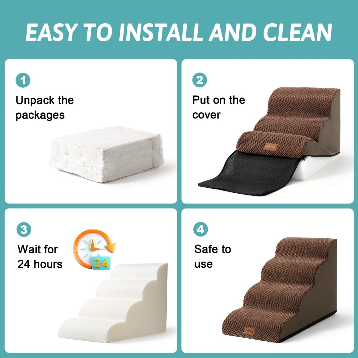 Step-by-step guide on how to install and use pet steps with text 'Easy to Install and Clean'.#color_Brown