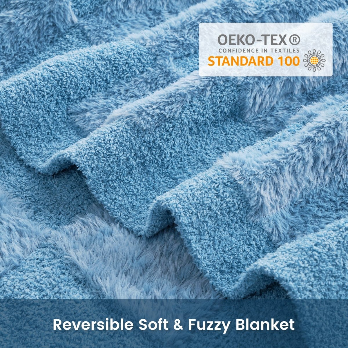 Close-up of Checkered Faux Fur Feather Yarn Throw Blanket in Blue showcasing plush texture and OEKO-TEX STANDARD 100 certification. #color_Misty Blue