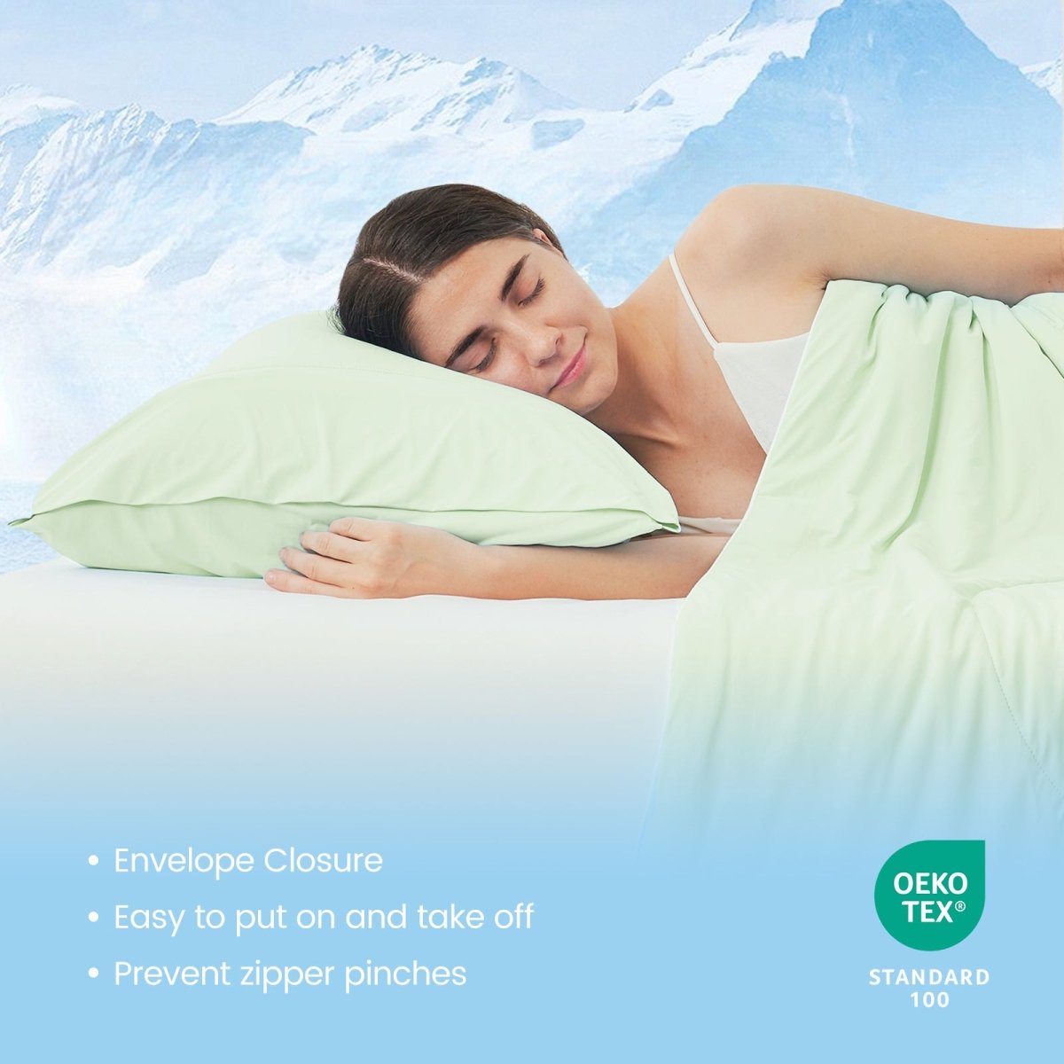 Light green cooling pillowcase with envelope closure, Oeko-Tex certified. Cozy bedding for comfortable sleep. #color_Light Mint Green