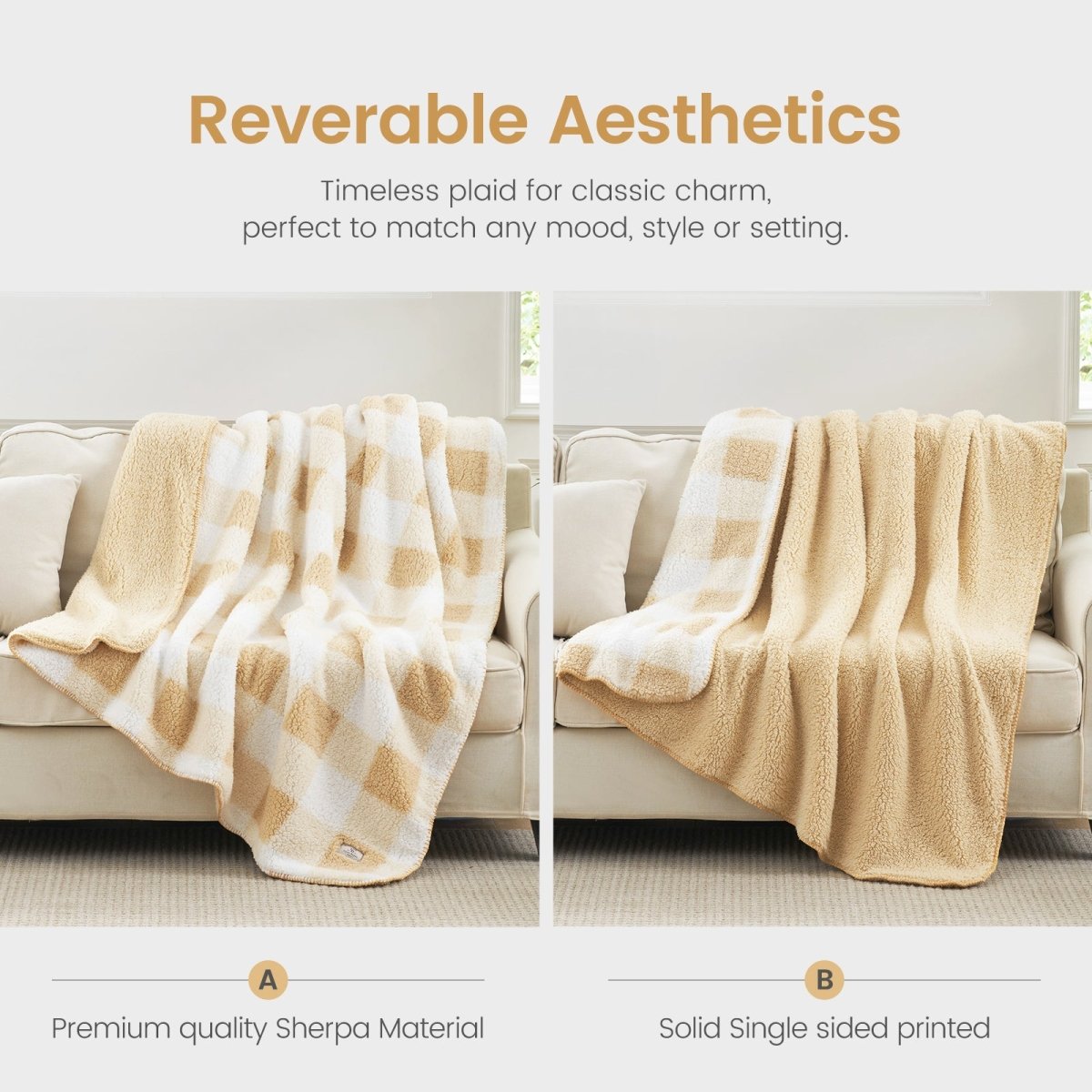 Buffalo sherpa throw blanket in Buffalo Plaid-beige displayed in reversible design, showing plaid side and soft sherpa backing #color_Buffalo Plaid-beige