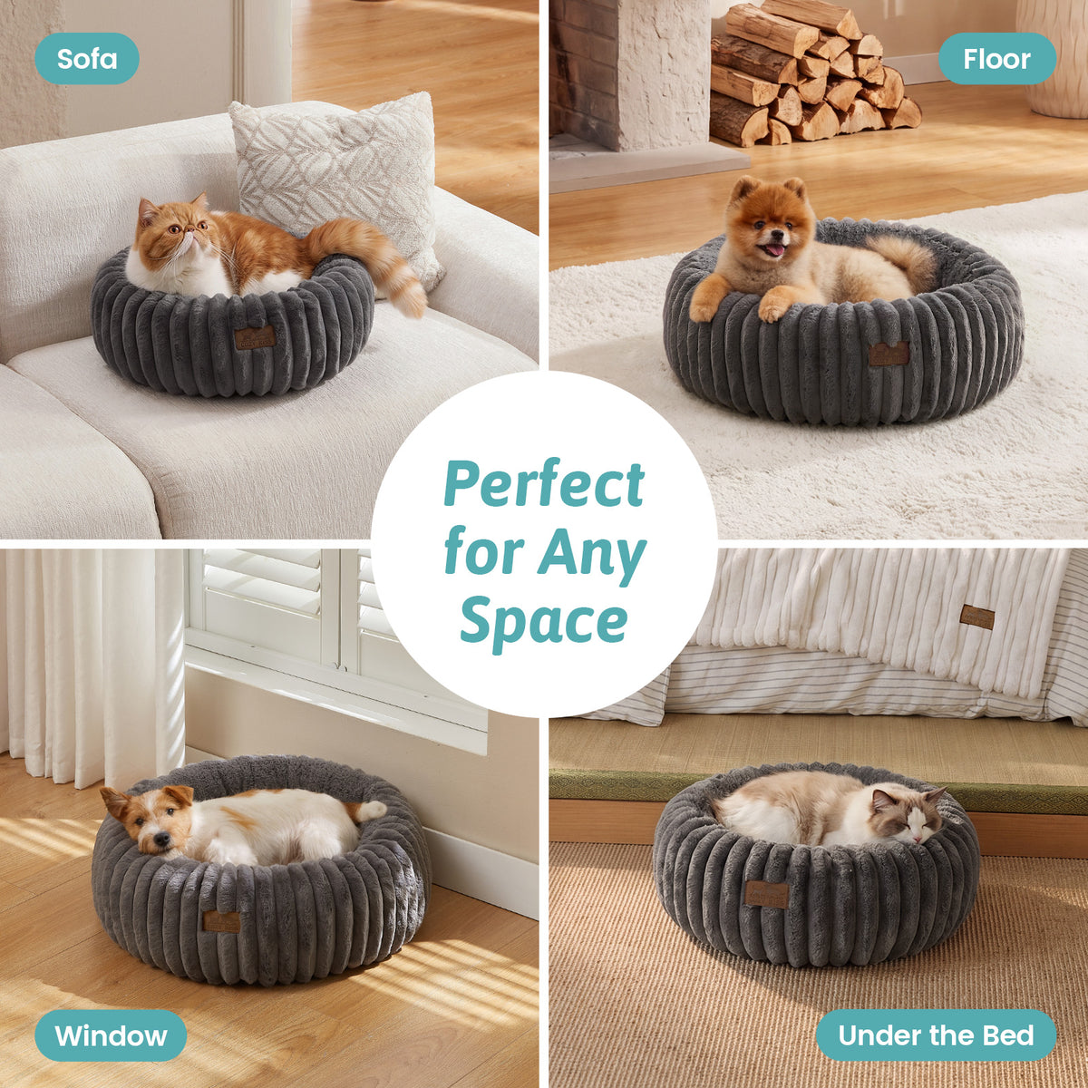 Cozy Bliss 2-in-1 Striped Faux Fur Pet Bed with Removable Mat in Dark Grey different space view#color_Dark Grey