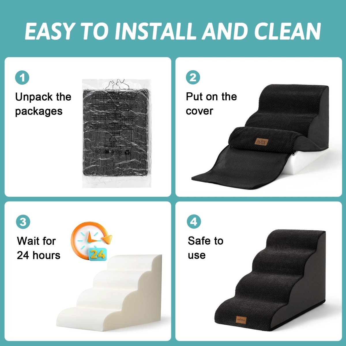 Step-by-step guide on how to install and use a pet product with text and images.#Color_Black