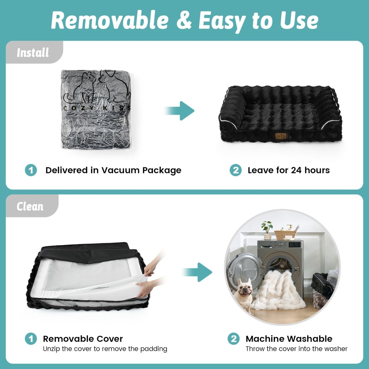 Instructions for using a pet bed with removable cover and vacuum packaging.