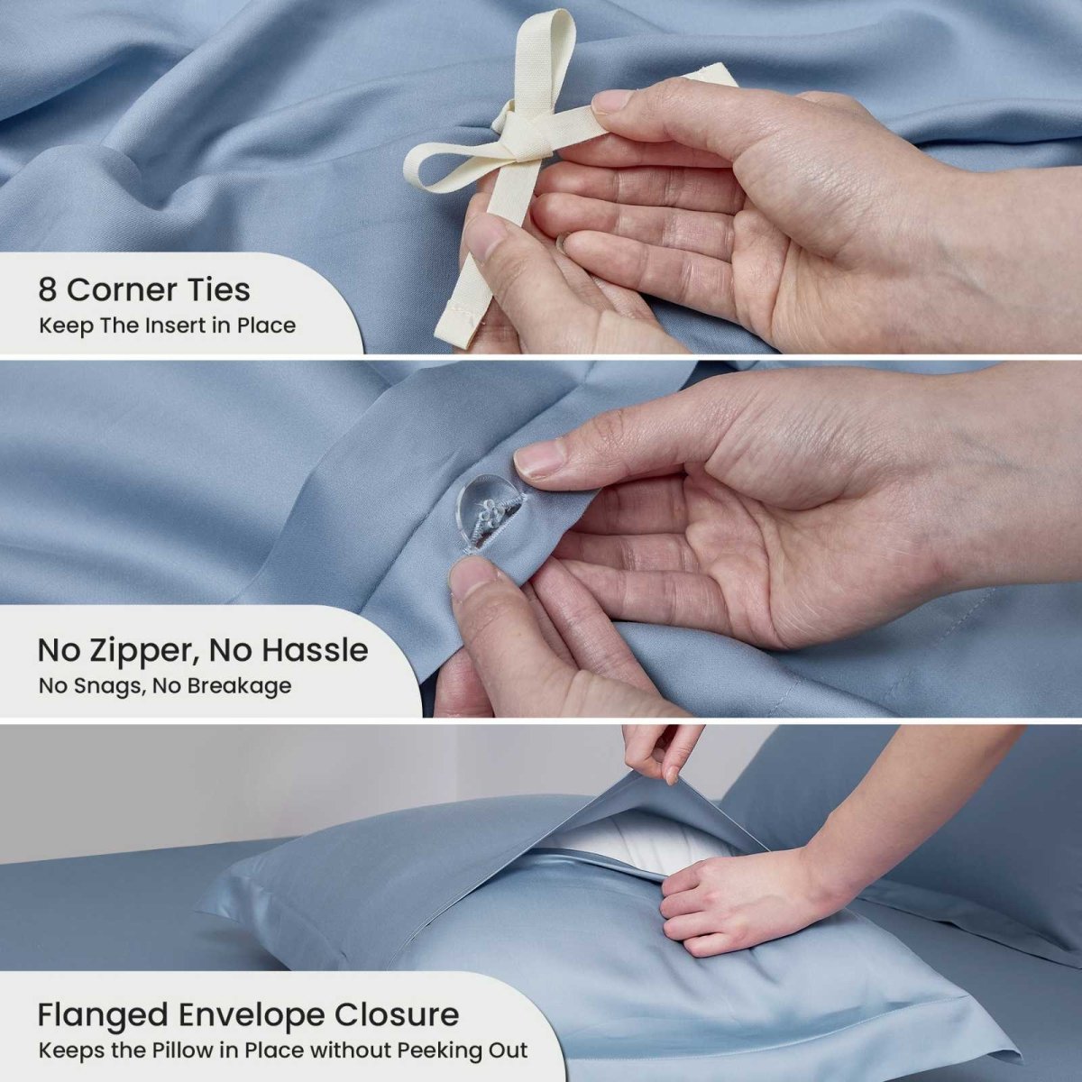 Feature overview of Cozy Bliss Tencel™ Eco-friendly Silky Duvet Cover Set, showing corner ties, button closure, and pillow sham design. #color_Dark Blue