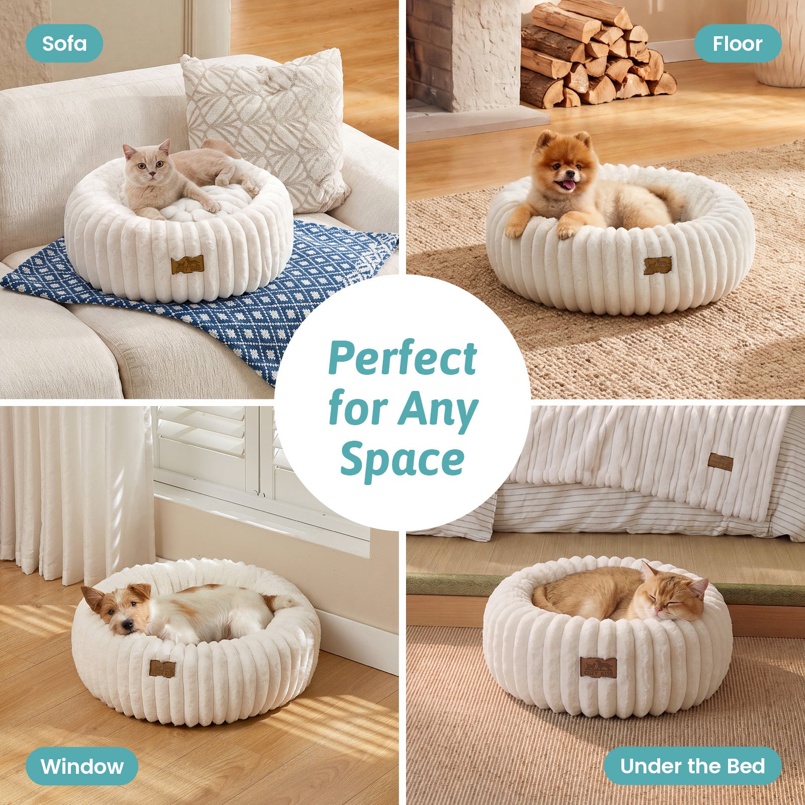 Cozy Bliss 2-in-1 Striped Faux Fur Pet Bed with Removable Mat in cream white different space view#color_Cream White