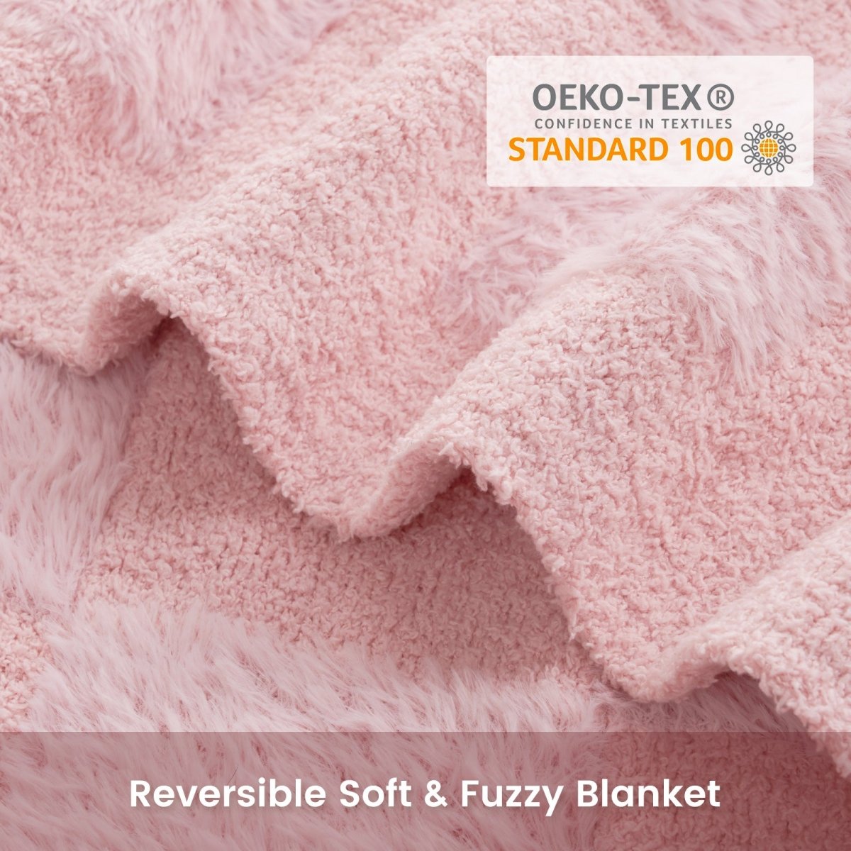 Close-up of Checkered Faux Fur Feather Yarn Throw Blanket in Pink showcasing plush texture and OEKO-TEX STANDARD 100 certification. #color_Pink