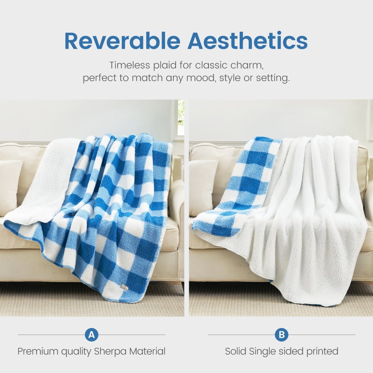 Buffalo sherpa throw blanket in Buffalo Plaid-light blue displayed in reversible design, showing plaid side and soft sherpa backing #color_Buffalo Plaid-light blue