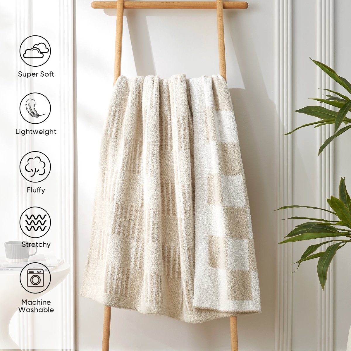 Reversible Heather Checkered Feather Yarn Throw Blanket in Cream White displayed on a rack, featuring super soft, lightweight, fluffy and machine washable material. #color_Cream White