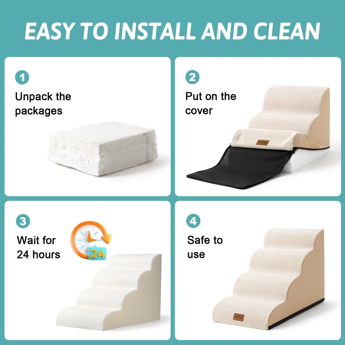Step-by-step guide on how to install and use a pet stairs with text 'Easy to Install and Clean'.#Color_Beige