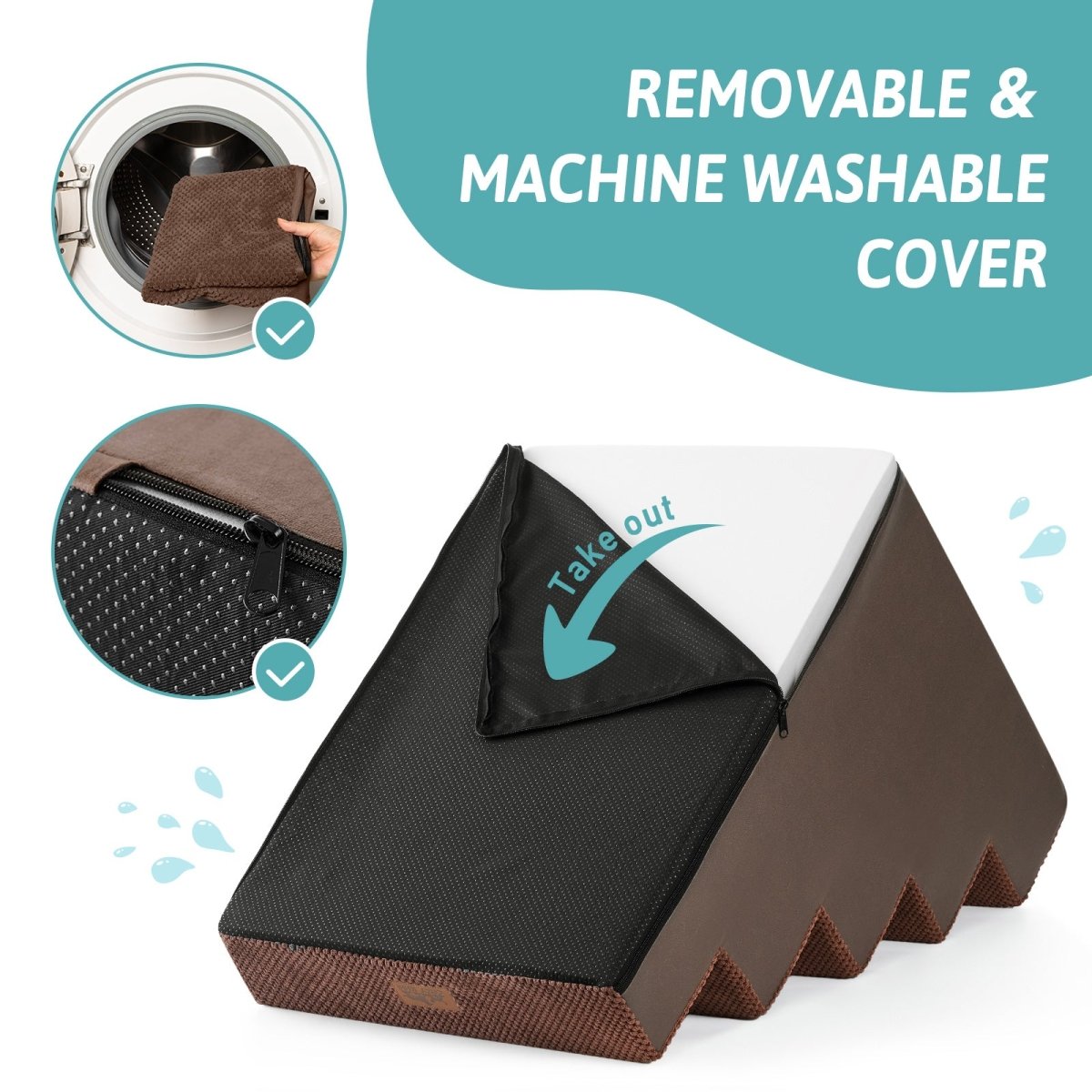 Removable and machine washable cover of Cozy Bliss foam pet stairs with a smooth zipper for easy cleaning. #color_Brown