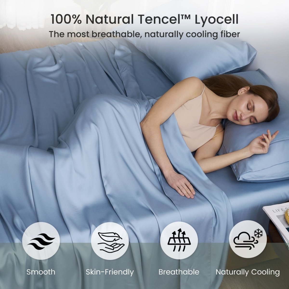 Adult sleeping on Cozy Bliss Tencel™ Eco-friendly Silky Sheet Set, illustrating breathable, skin-friendly, naturally cooling comfort. #color_Dark Blue