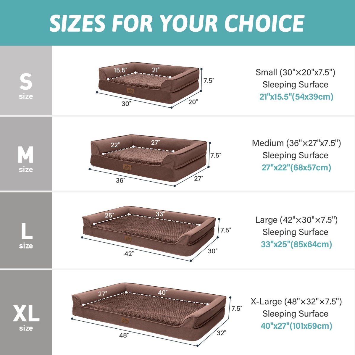 Dog bed size chart with dimensions for small, medium, large, and x-large sizes. #Color_Brown