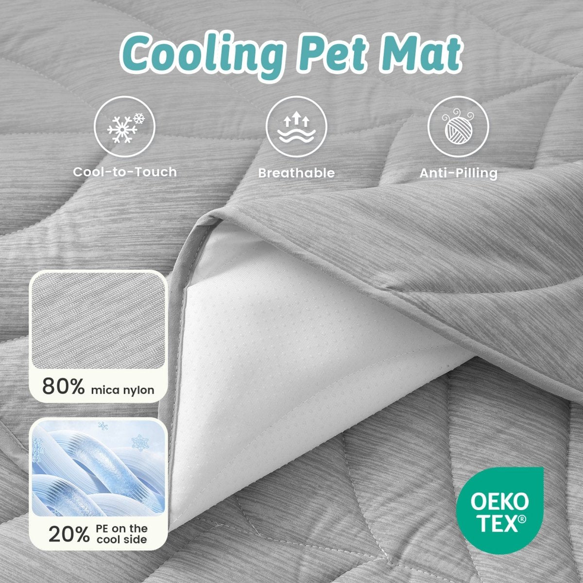 Gray cooling pet mat with text and icons indicating features like cool-to-touch, breathable, and anti-pilling. #color_Grey