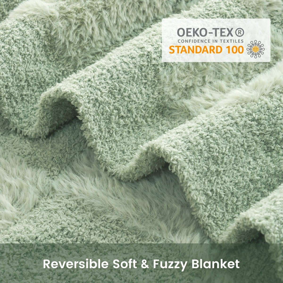 Close-up of Checkered Faux Fur Feather Yarn Throw Blanket in Sage Green showcasing plush texture and OEKO-TEX STANDARD 100 certification. #color_Sage Green