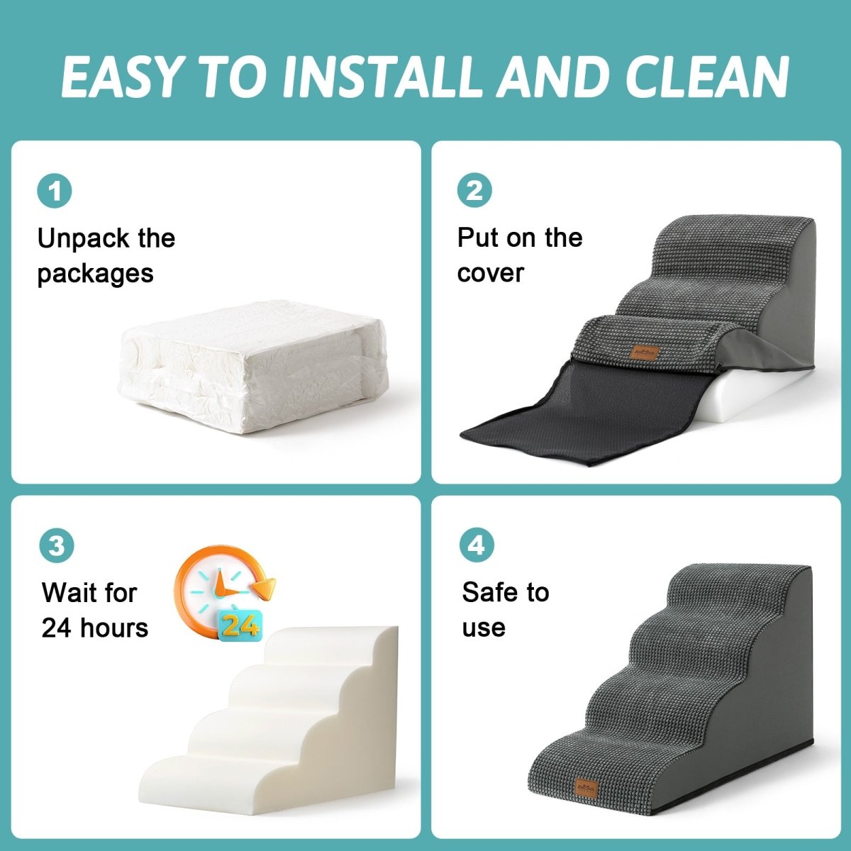 Step-by-step guide on how to install and use a pet stair set with text 'Easy to Install and Clean'.#Color_Charcoal Grey