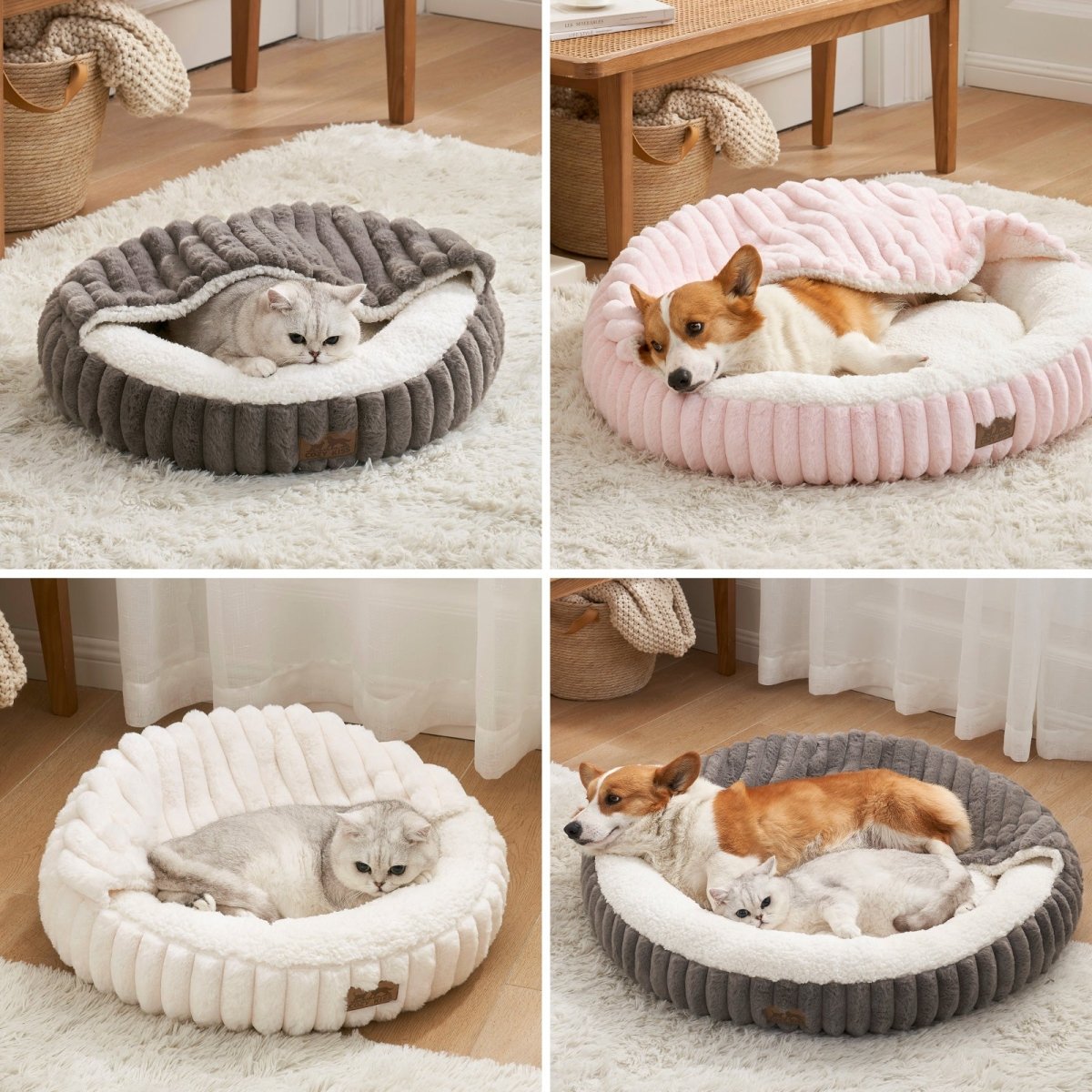 Four images of pets in round, plush pet beds on a soft surface.