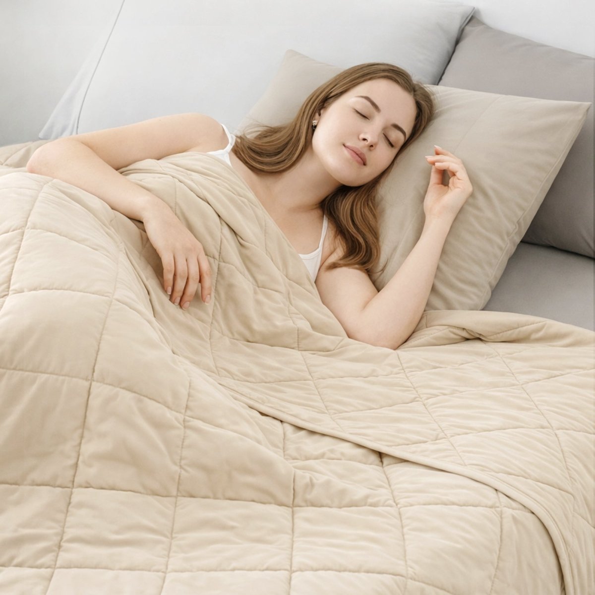 Woman sleeping under a khaki comforter in a cozy bedroom setting.   #color_Khaki