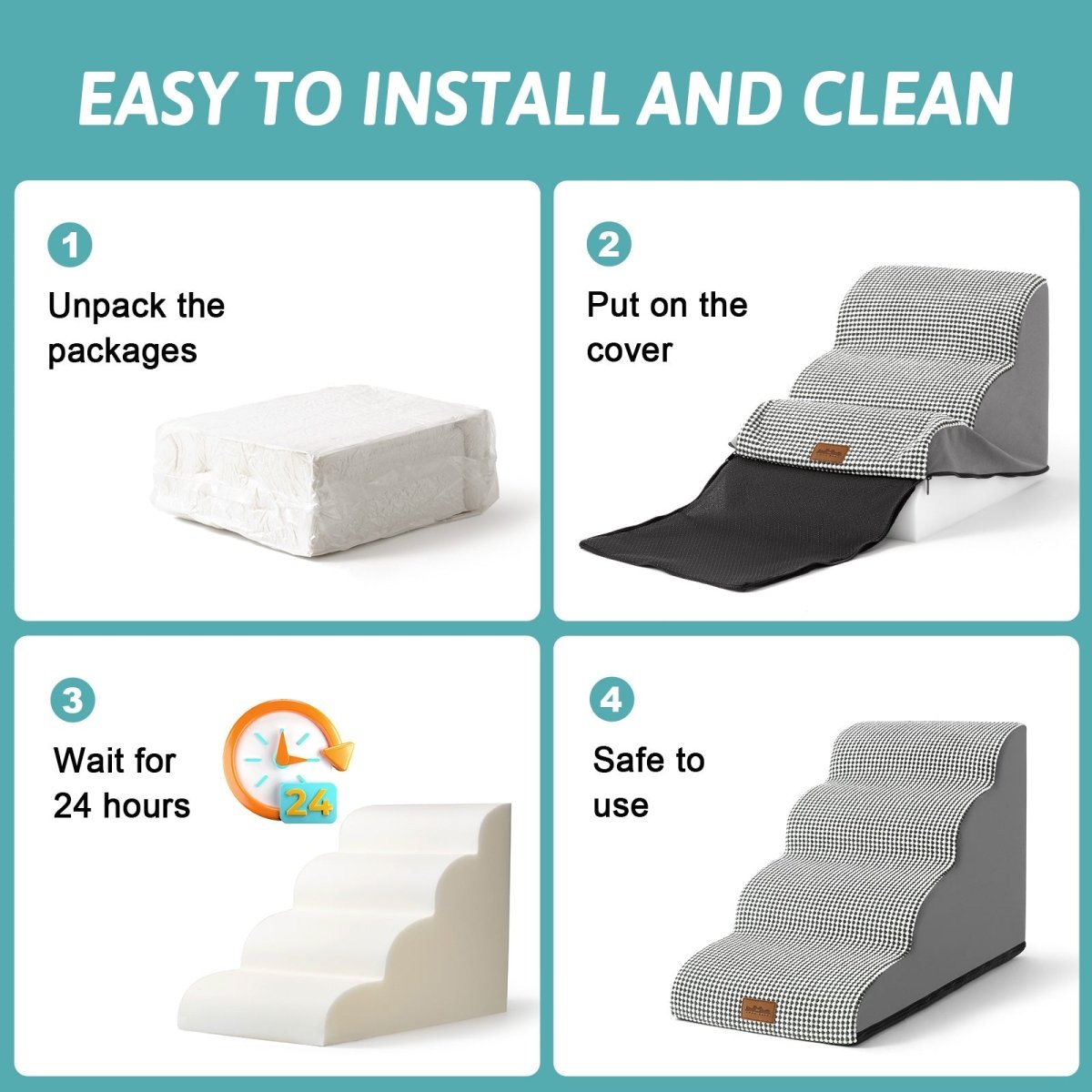 Step-by-step guide on how to install and use a pet stair ramp with text 'Easy to Install and Clean'.#color_Black & White