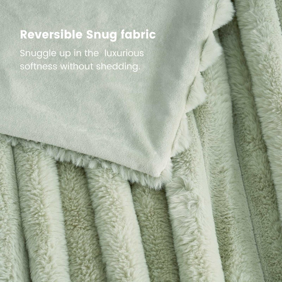 Close-up of Cozy Bliss Faux Fur Blanket , featuring Reversible Snug fabric, soft, and shedding-free comfort. #color_Sage Green