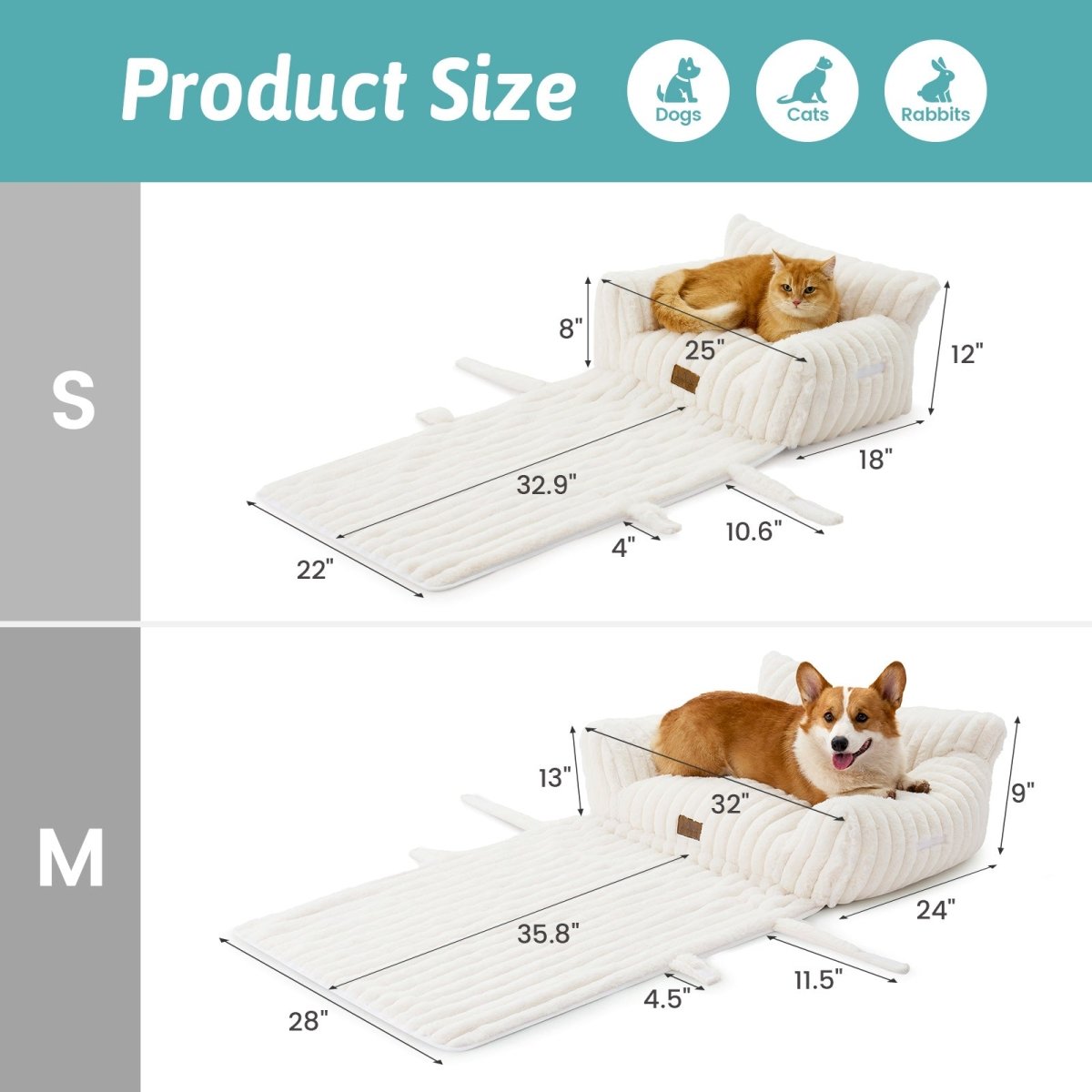 Measurement chart for a pet bed with dimensions labeled for small (S) and medium (M) sizes, featuring a cat and a dog.#color_Cream White