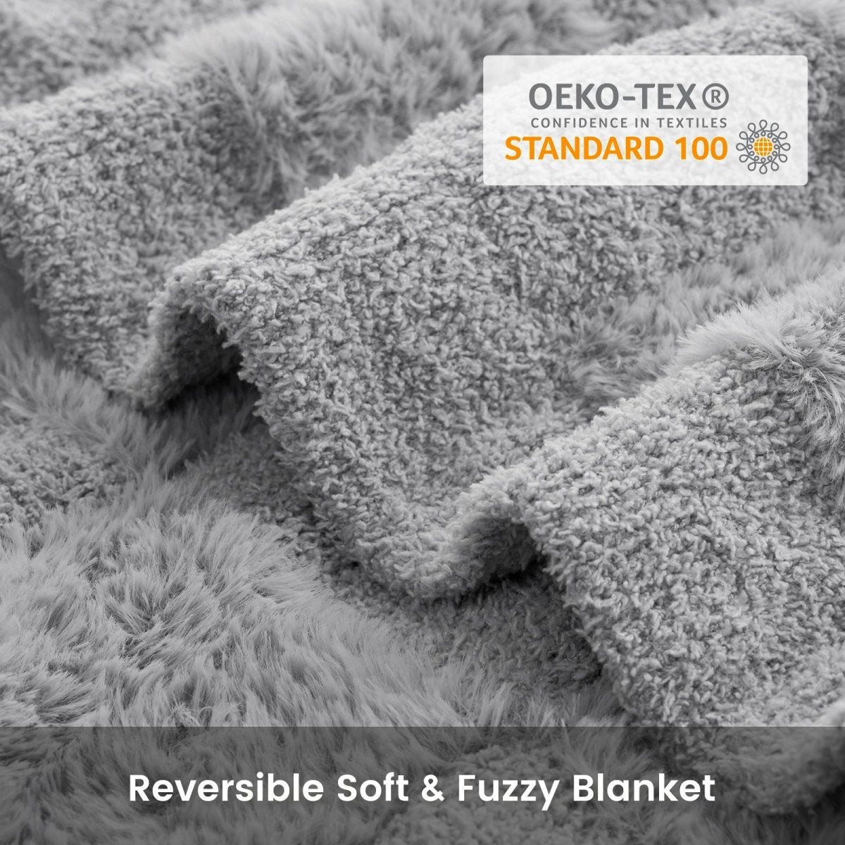Close-up of Checkered Faux Fur Feather Yarn Throw Blanket in Light Grey showcasing plush texture and OEKO-TEX STANDARD 100 certification. #Color_Light Grey