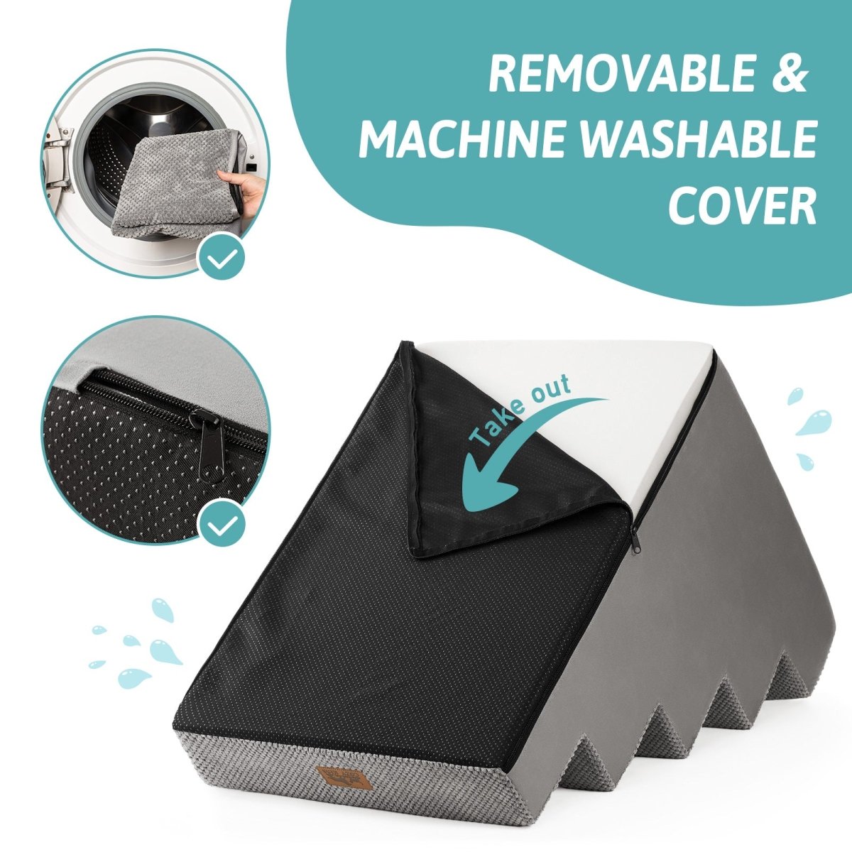 Removable and machine washable cover of Cozy Bliss foam pet stairs with a smooth zipper for easy cleaning. #color_Light Grey