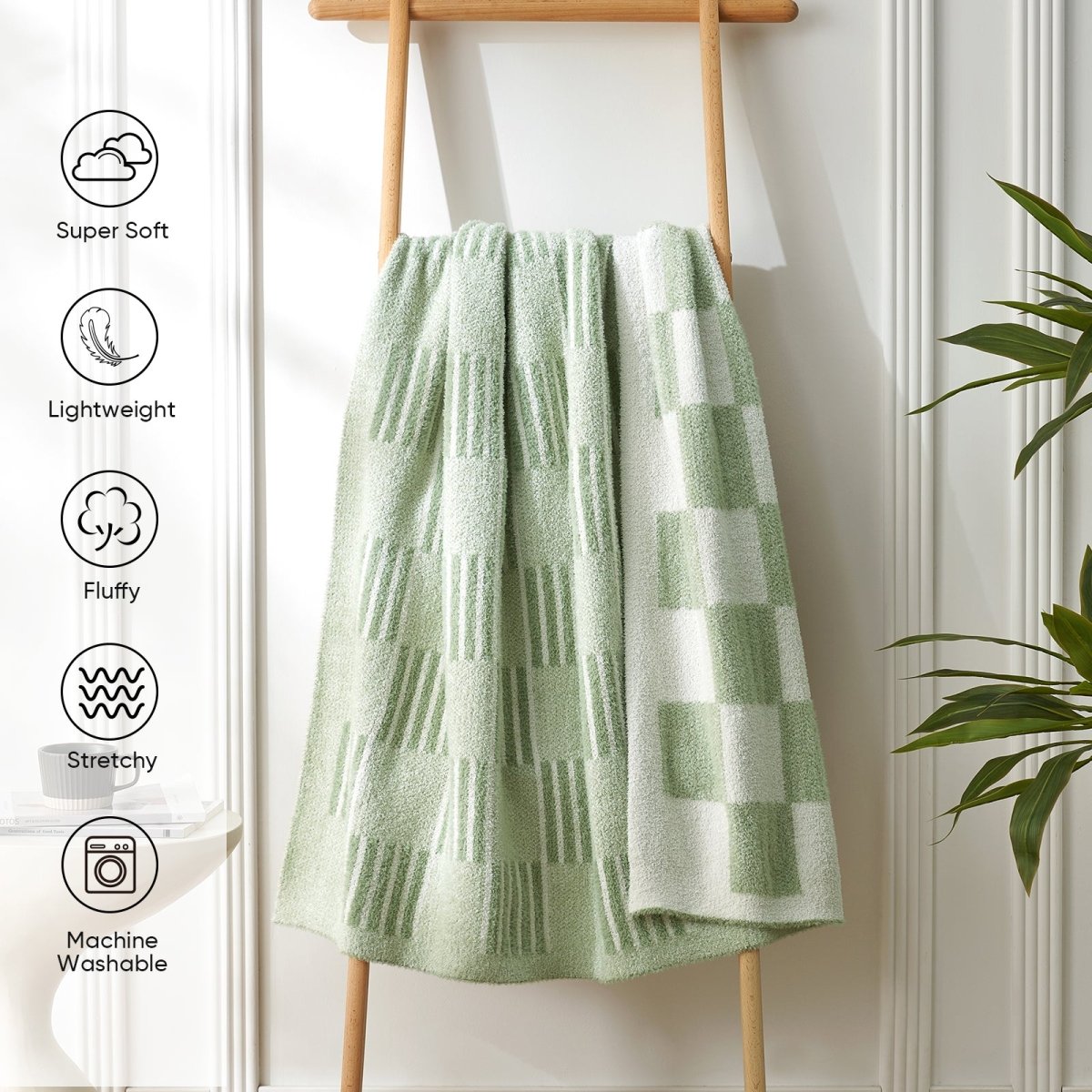 Reversible Heather Checkered Feather Yarn Throw Blanket in Sage Green displayed on a rack, featuring soft, lightweight, fluffy and machine washable fabric. #color_Sage Green