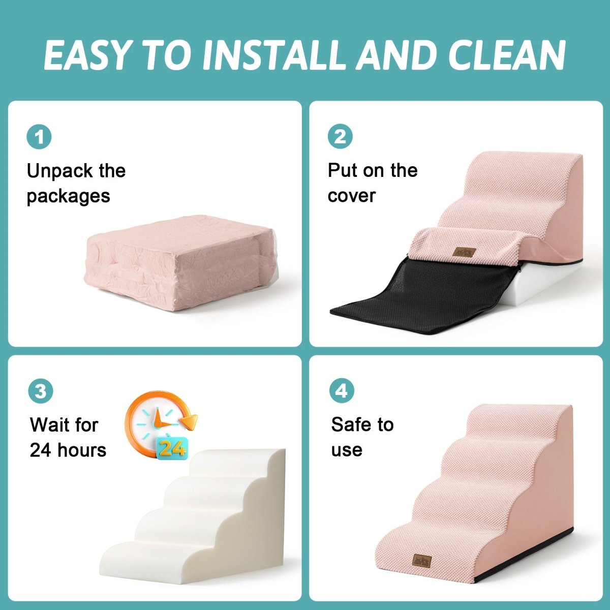 Step-by-step guide on how to install and use a pink pet step with text indicating ease of installation and cleaning.#Color_Pink