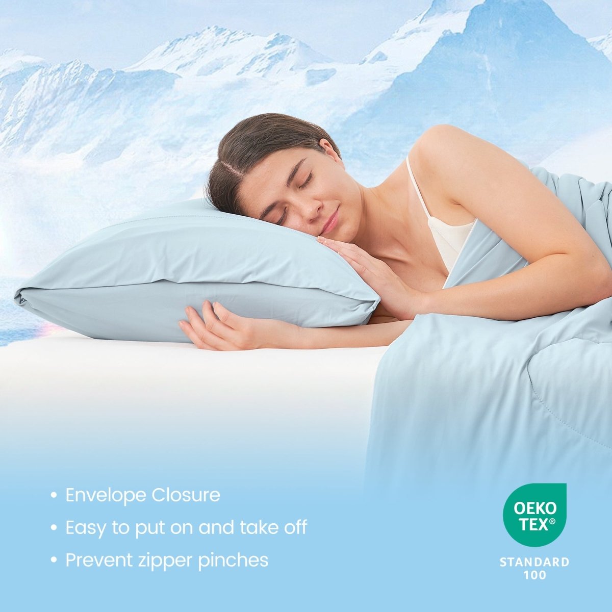 Cooling pillowcase, woman sleeping. Envelope closure, Oeko-Tex certified. Cozy bedding for better sleep. #color_Cool Blue