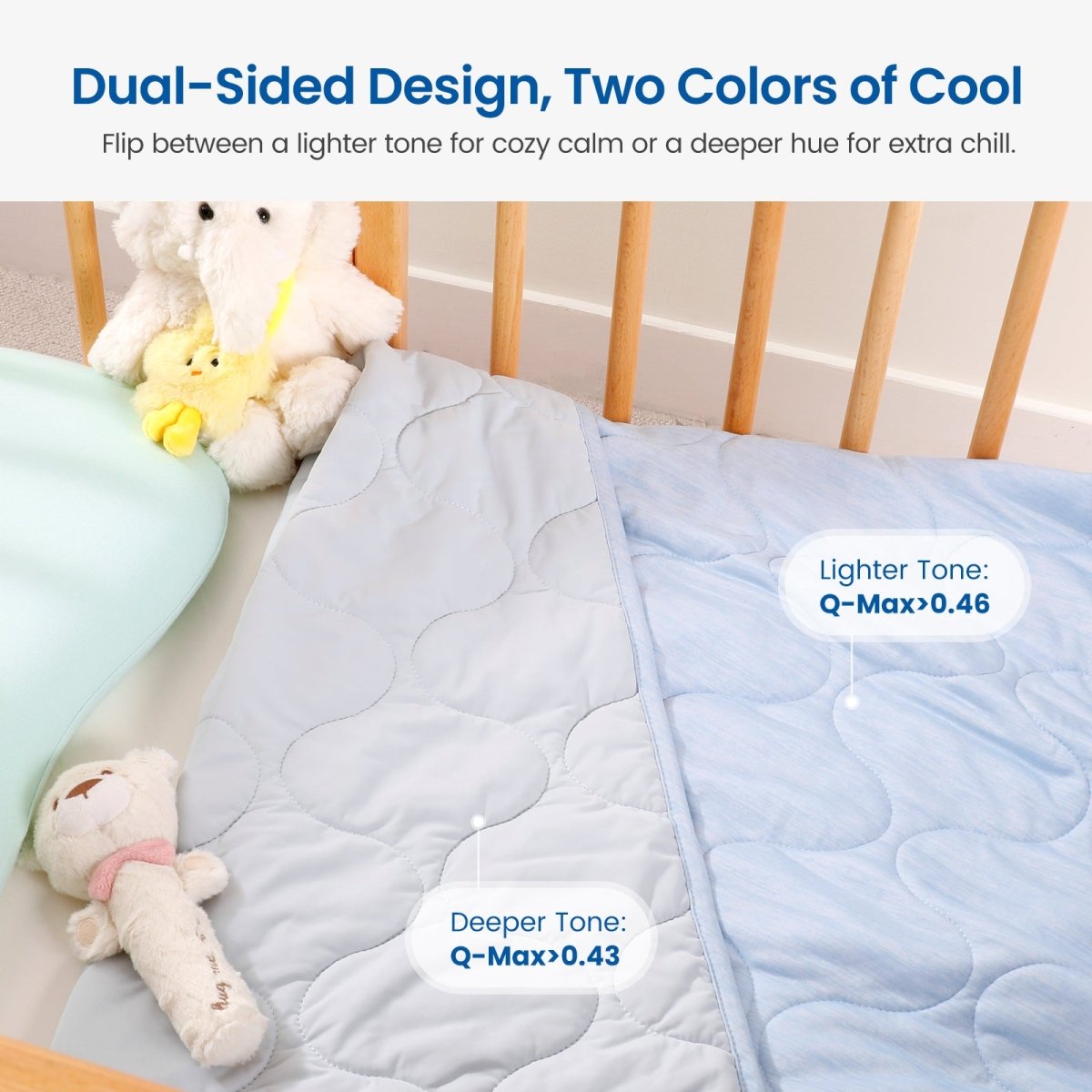 Cool Blue Cozy Bliss dual-sided cooling comforter, lighter tone for cozy warm and deeper hue for extra cool. #color_Cool Blue