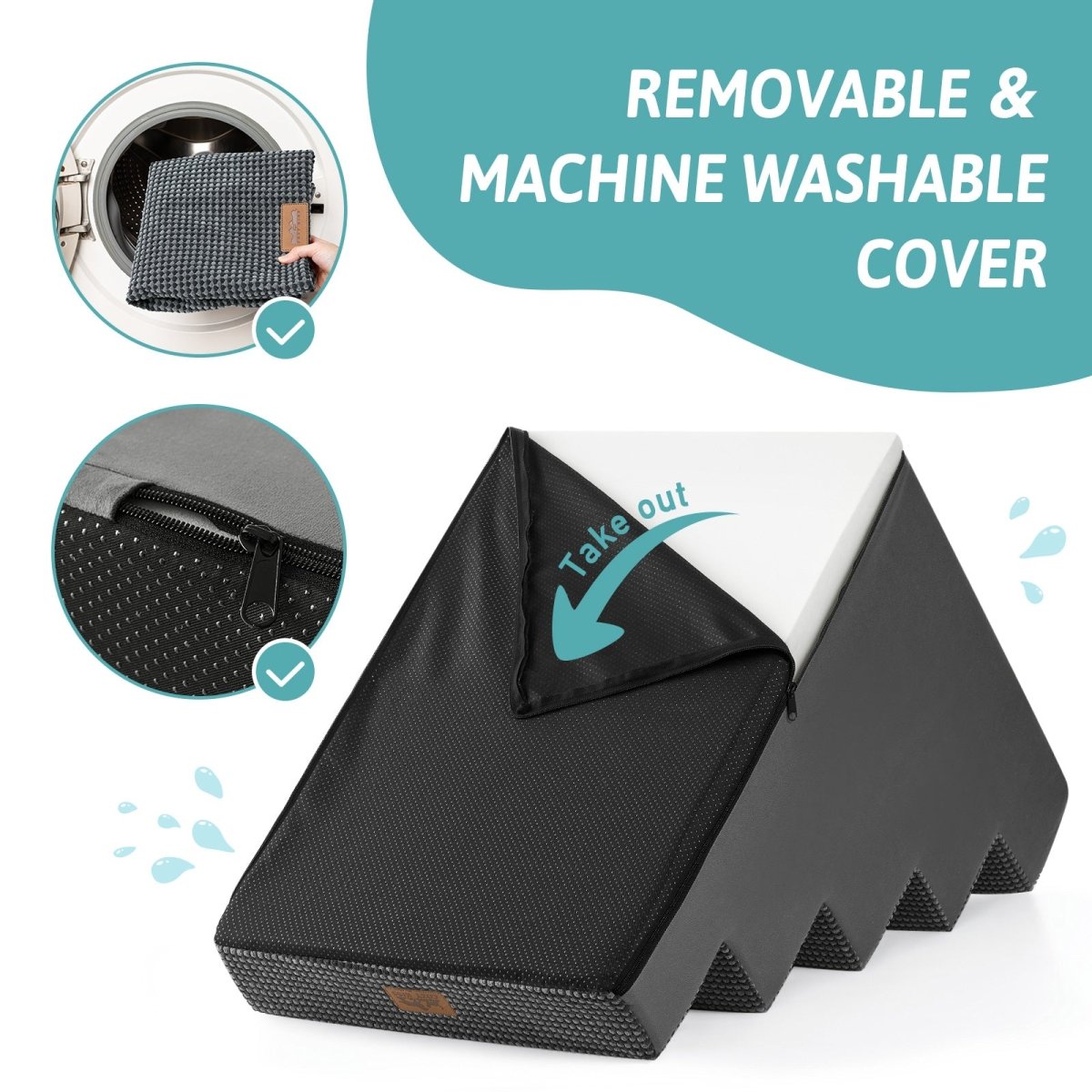 Removable and machine washable cover of Cozy Bliss foam pet stairs with a smooth zipper for easy cleaning. #color_Grey