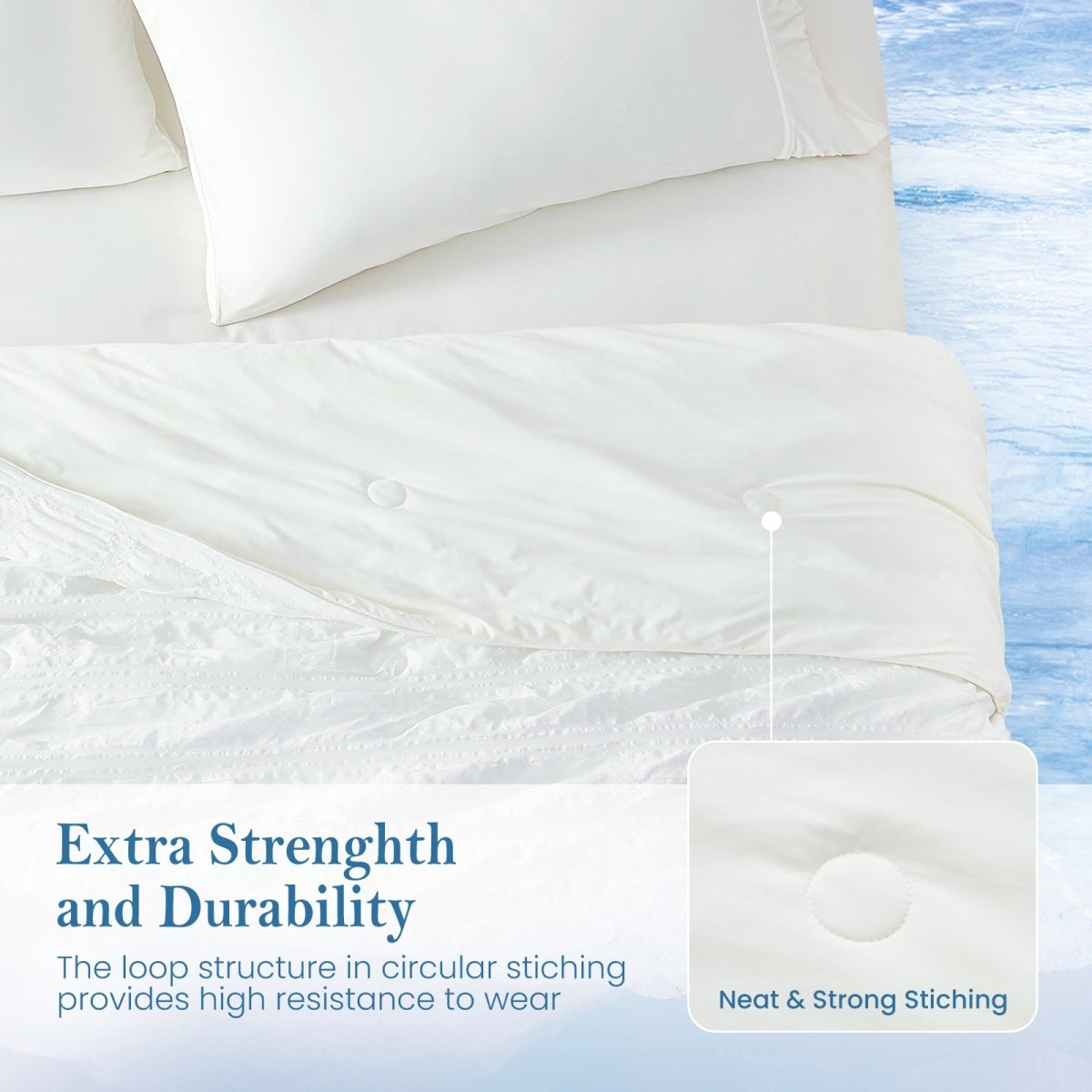 Top view of Cozy Bliss seersucker plaid cooling comforter with extra strength and durability.#Color_Off White