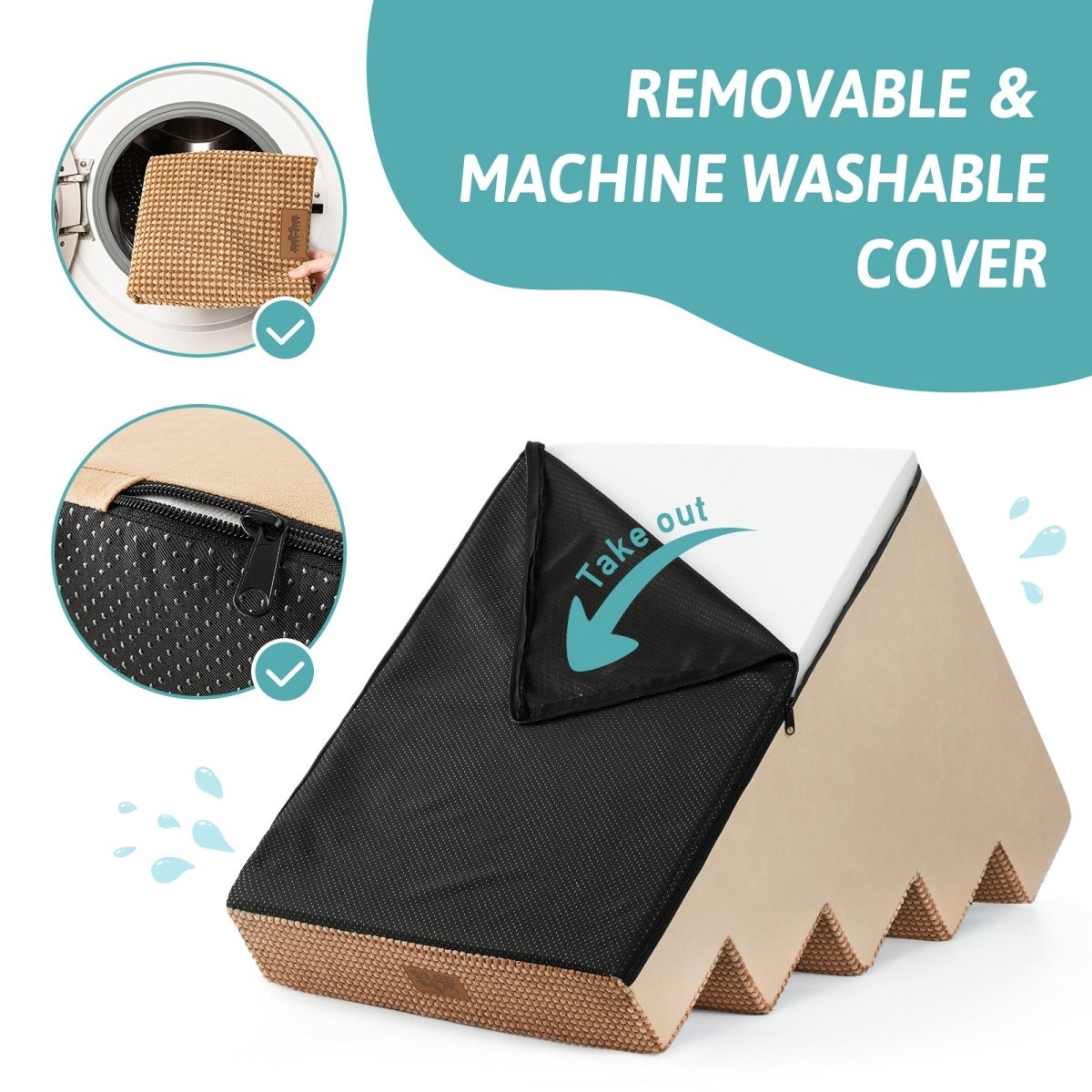 Removable and machine washable cover of Cozy Bliss foam pet stairs with a smooth zipper for easy cleaning. #color_Light Brown