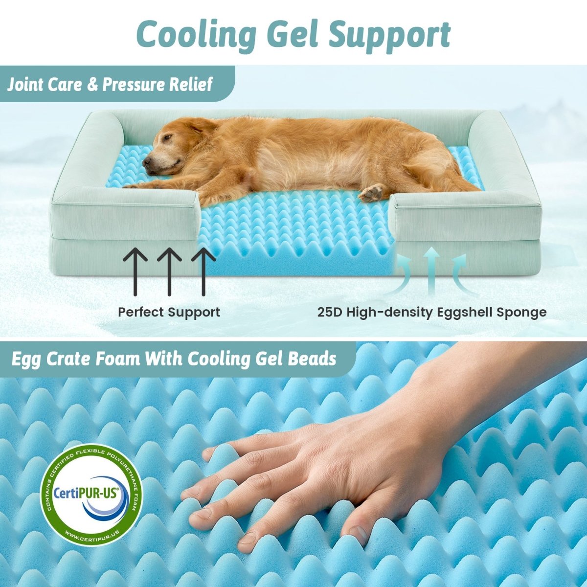 Dog lying on a cooling support bed with text highlighting features.#color_Light Mint Green