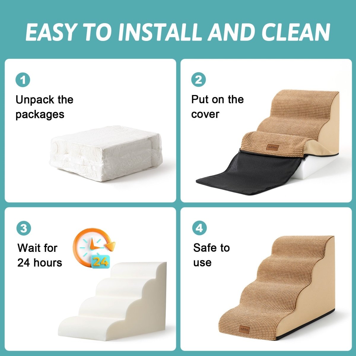 Step-by-step guide on how to install and use a pet stair set with text 'Easy to Install and Clean'.#color_Light Brown
