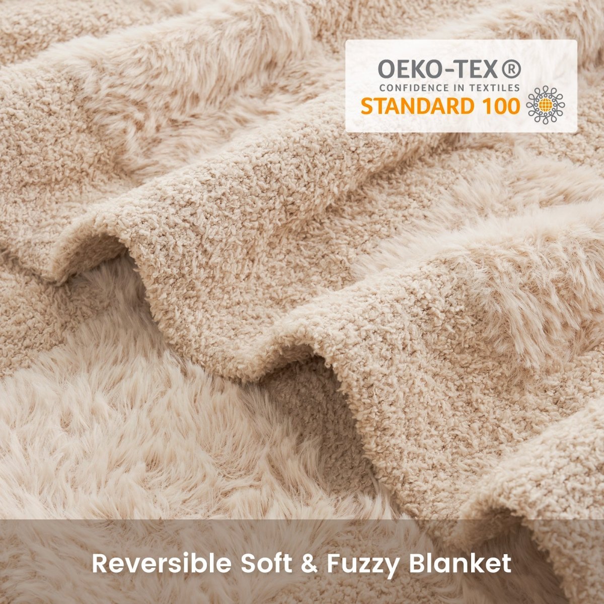 Close-up of Checkered Faux Fur Feather Yarn Throw Blanket in Beige showcasing plush texture and OEKO-TEX STANDARD 100 certification. #color_Beige
