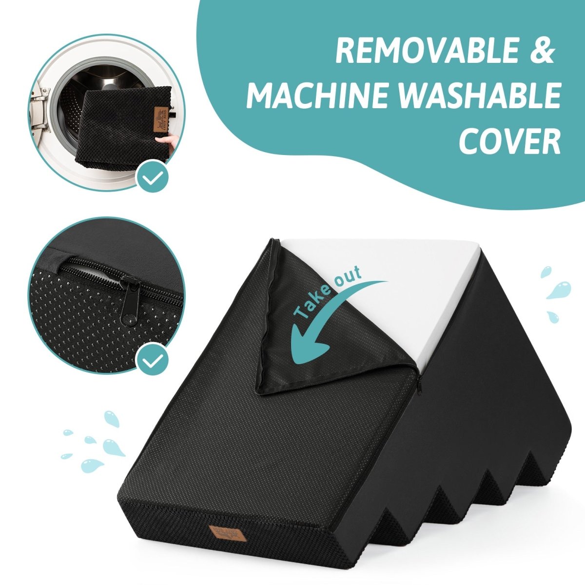Removable and machine washable cover of Cozy Bliss foam pet stairs with a smooth zipper for easy cleaning. #color_Black
