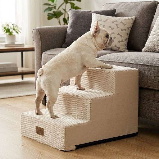 Cozy Bliss 3 Step Right-Angle Arthritis Prevention Foam Pet Stairs in Beige with a dog stepping on it by the sofa. #color_Beige