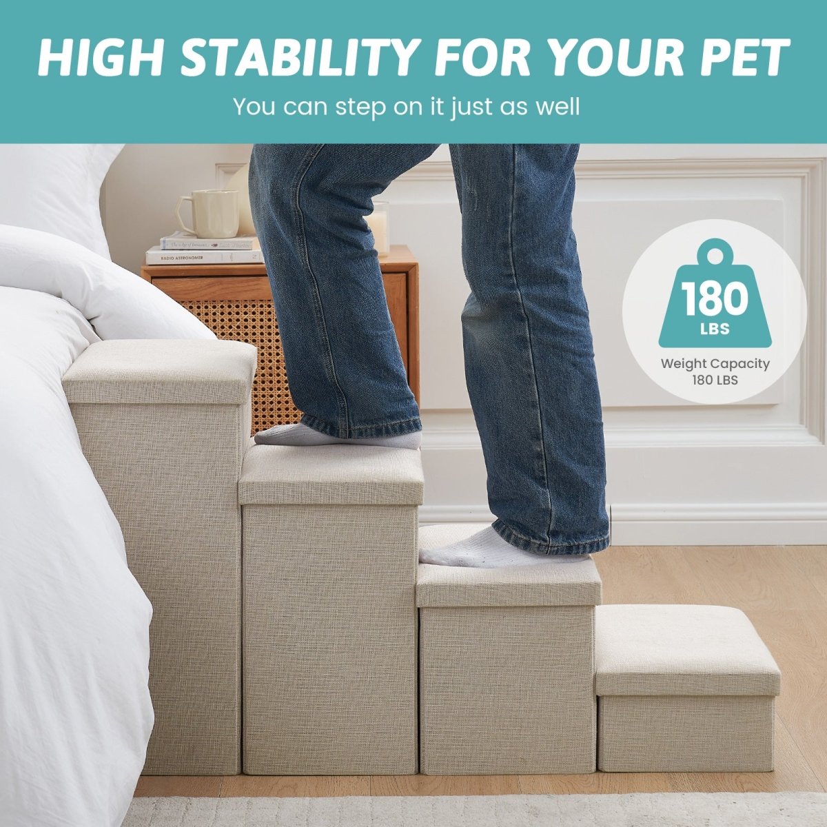 High stability Cozy Bliss storage pet stairs with 180 LBS weight capacity, strong enough for adult support. #color_Beige
