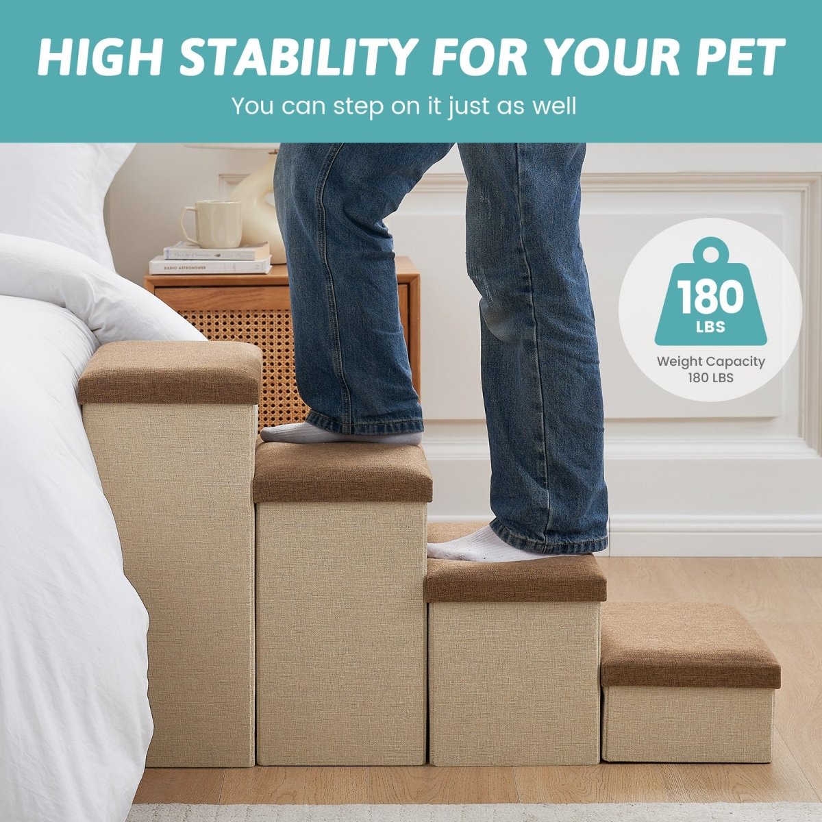 High stability Cozy Bliss storage pet stairs with 180 LBS weight capacity, strong enough for adult support. #color_Brown
