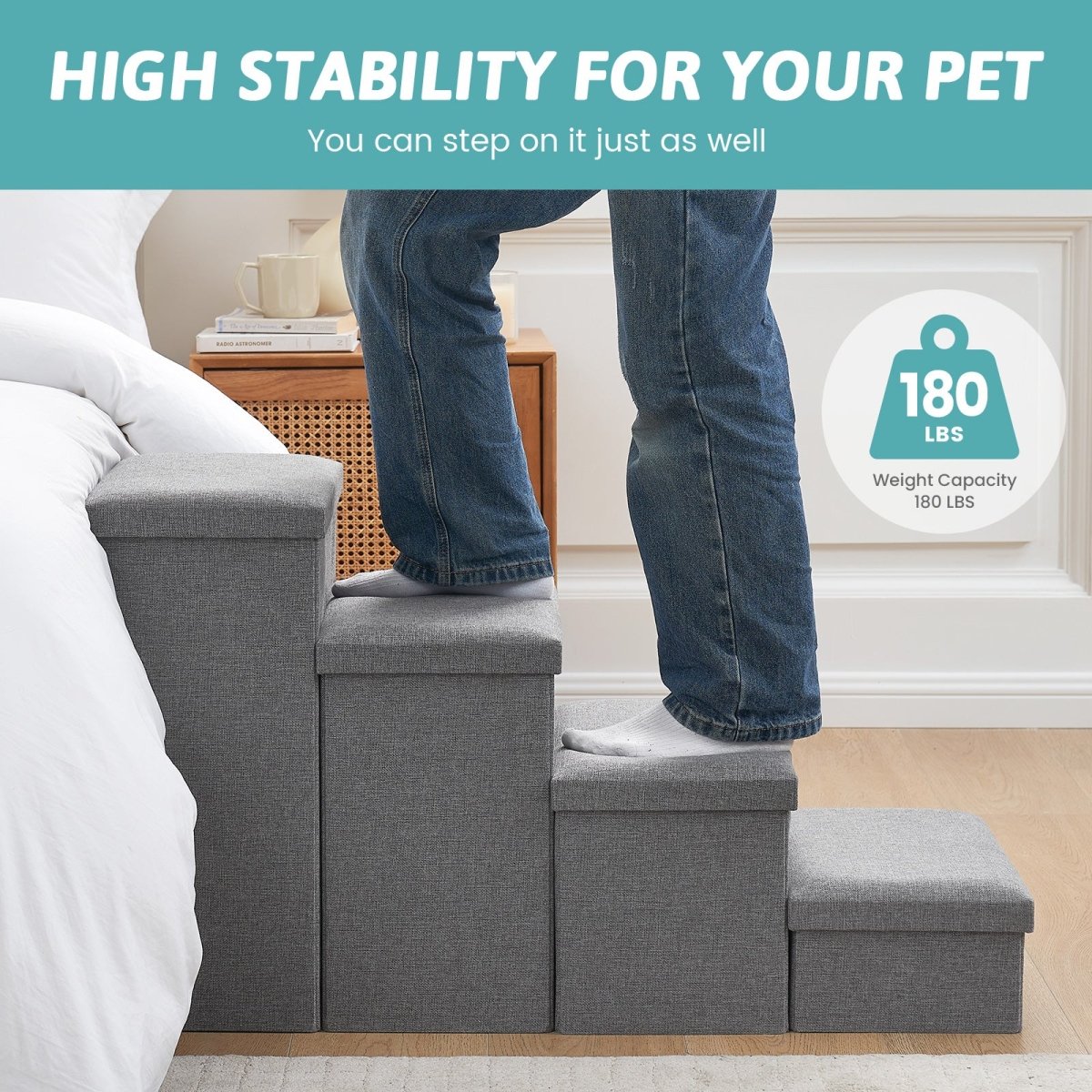 High stability Cozy Bliss storage pet stairs with 180 LBS weight capacity, strong enough for adult support. #color_Grey